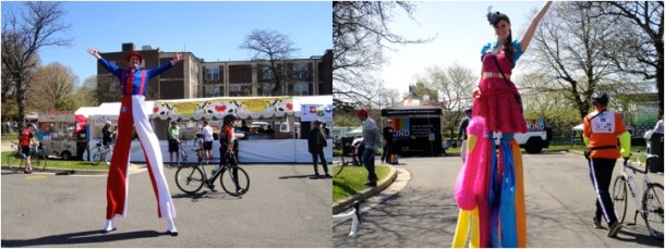 TD 5 Boro Bike tour 2013 Finish Festival Stilt Walkers