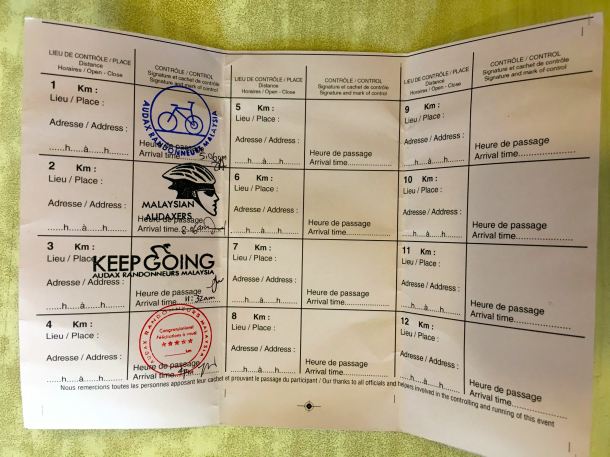 Audax BRM 200 Malaysia 2016 Brevet Card